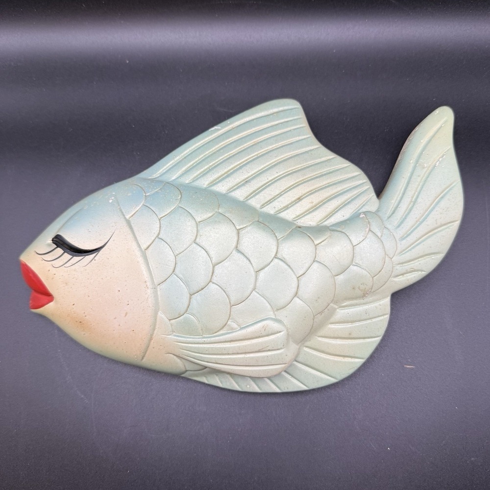 Vintage Mid-Century Fish Wall Plaque Aqua Green Chalk Wear Bathroom Decor 10"